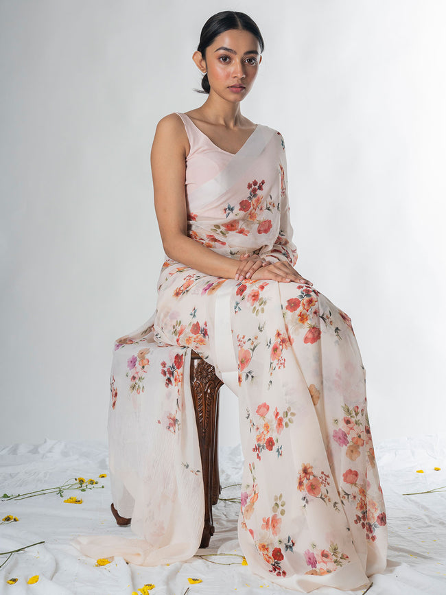 Off white floral saree set