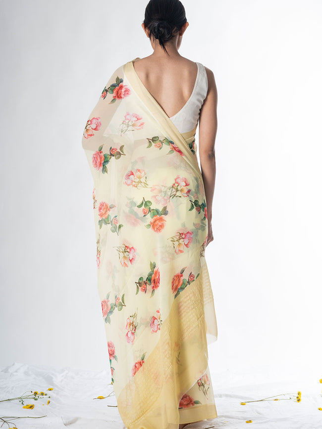 Pale yellow floral saree set