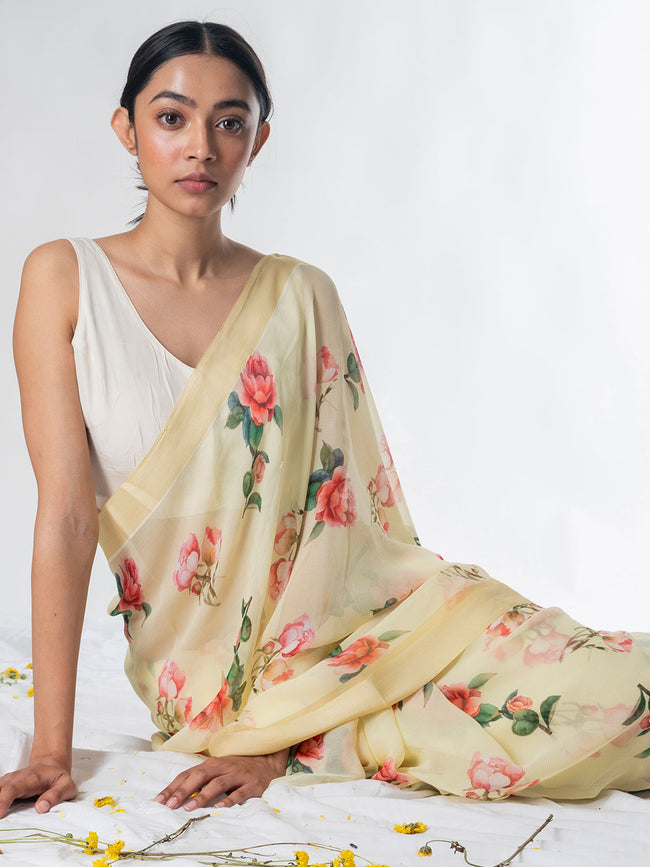 Pale yellow floral saree set