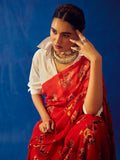 Deep red floral saree set