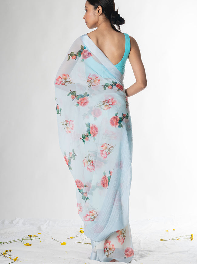 Sea blue floral saree set