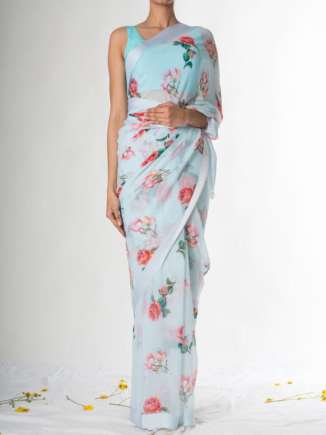Sea blue floral saree set