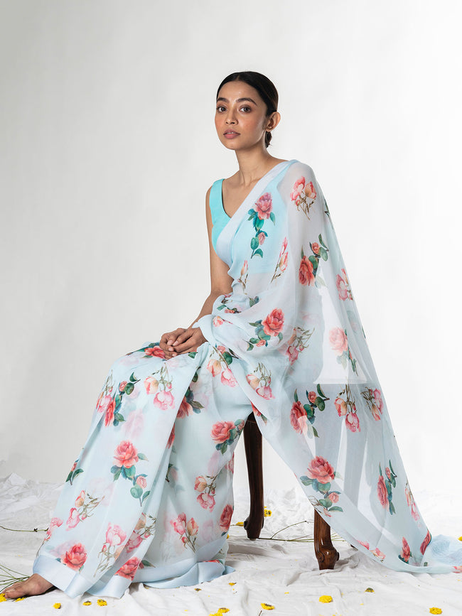Sea blue floral saree set