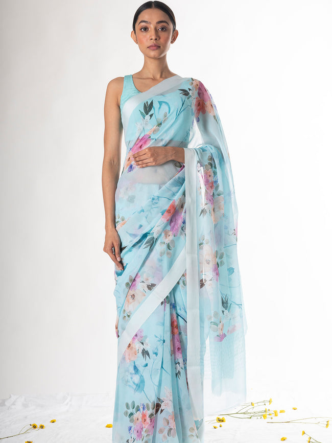 Sea blue floral saree set