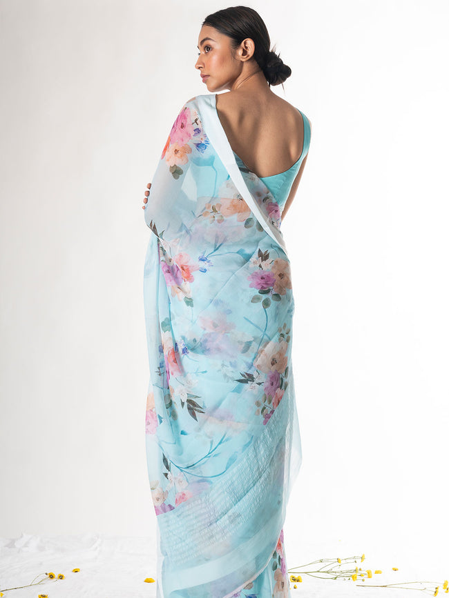 Sea blue floral saree set
