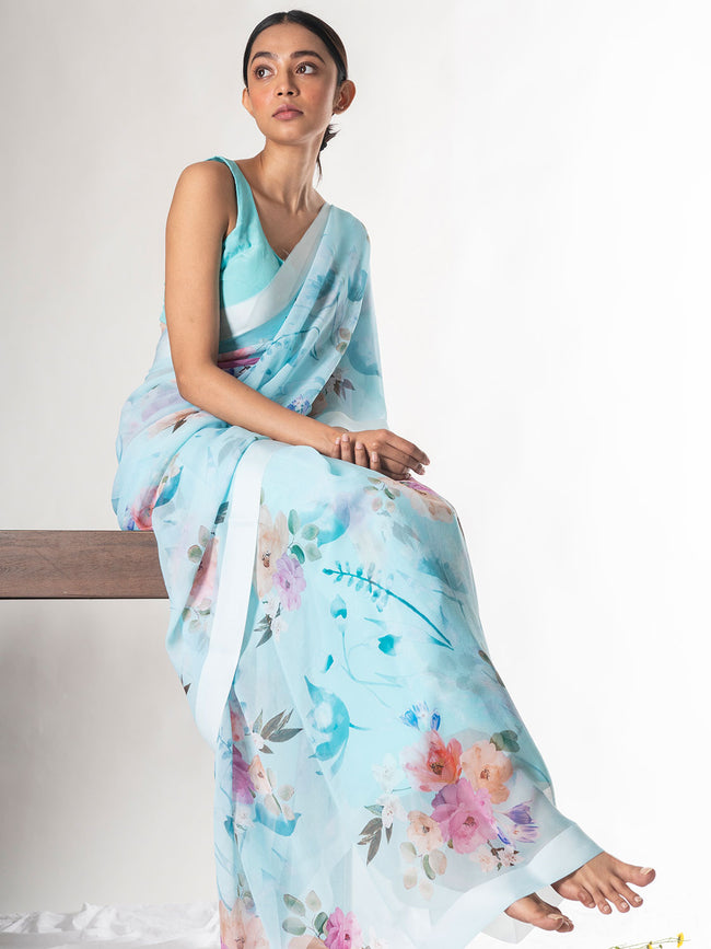 Sea blue floral saree set