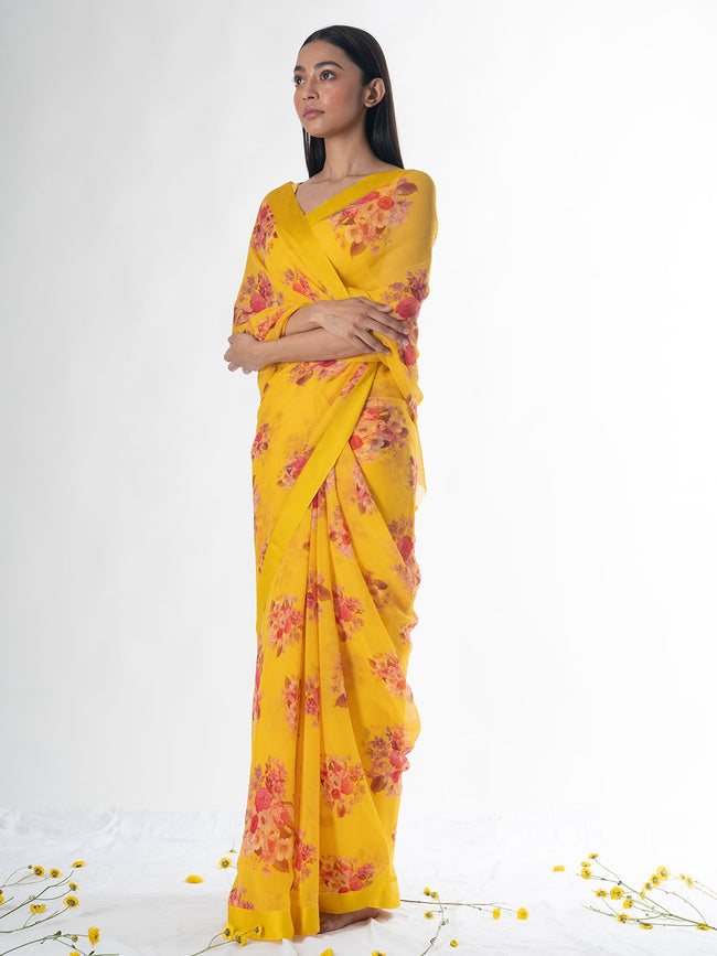 Mustard floral saree set