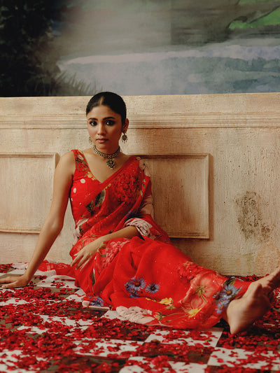 Red botanic floral saree set