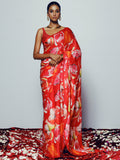 Red abstract floral saree set