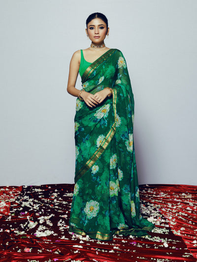 Emerald green floral saree set