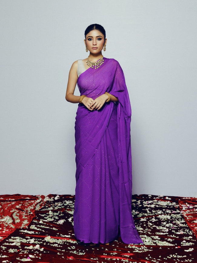 Hand Dyed Purple mukaish saree