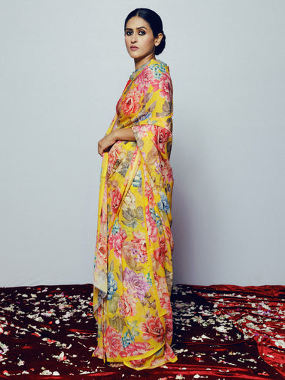 Mustard floral saree set