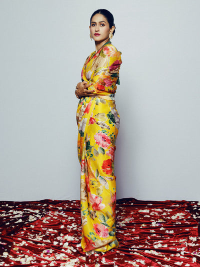 Mustard floral saree set