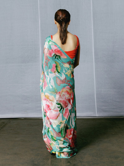 Abstract hand painted floral saree set