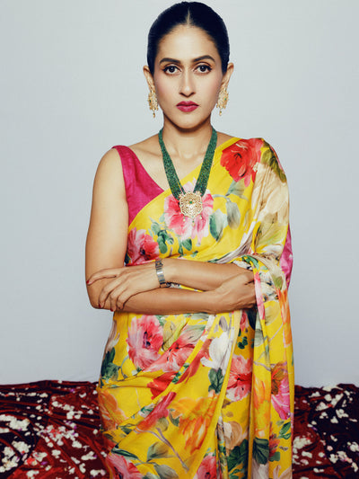 Mustard floral saree set