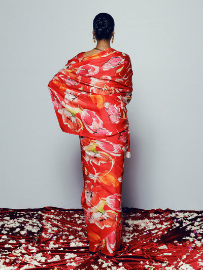 Red abstract floral saree set