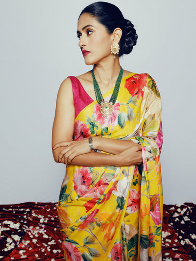 Mustard floral saree set