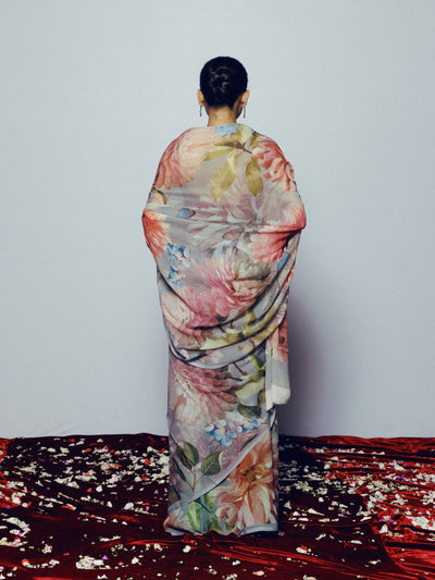 Greyish blue floral saree set