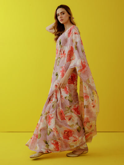 Pink abstract floral saree set