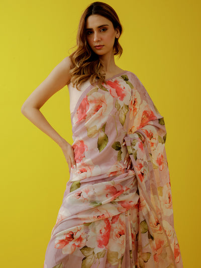 Pink abstract floral saree set