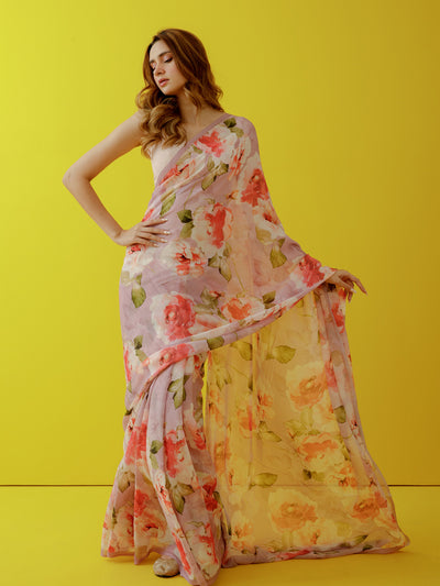 Pink abstract floral saree set