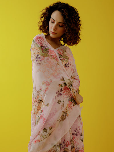 Pink water colour floral saree set