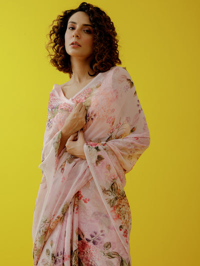 Pink water colour floral saree set