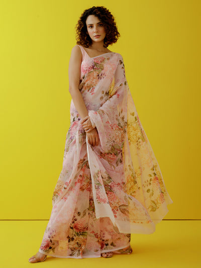 Pink water colour floral saree set