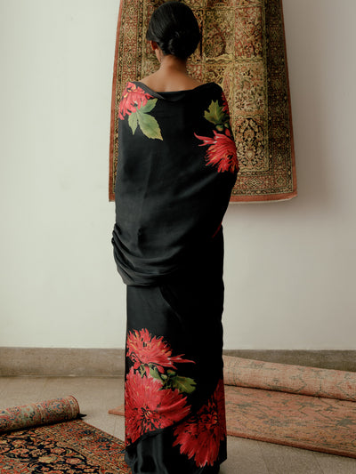 Black large floral bunch saree set