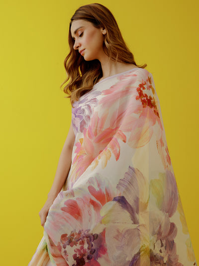 Ivory water colour floral saree set