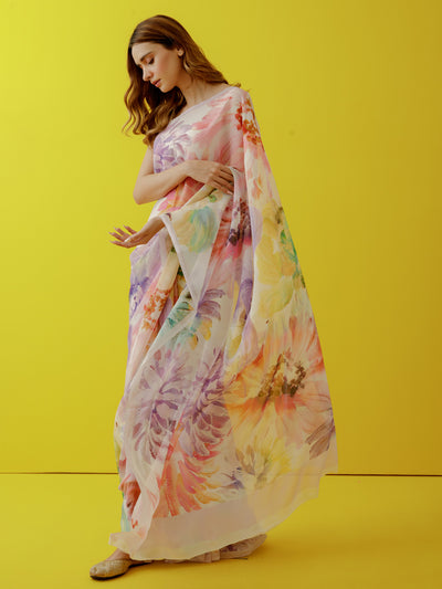Ivory water colour floral saree set