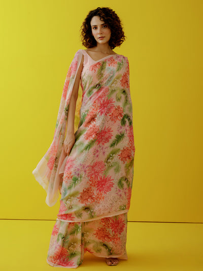 Pink water colour floral saree set