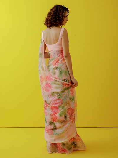 Pink water colour floral saree set