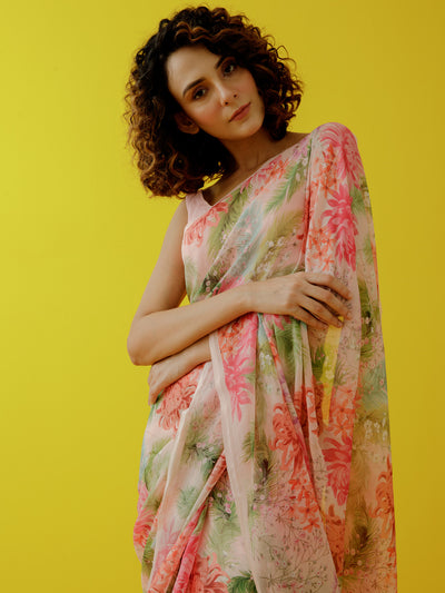 Pink water colour floral saree set