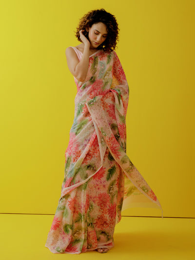 Pink water colour floral saree set