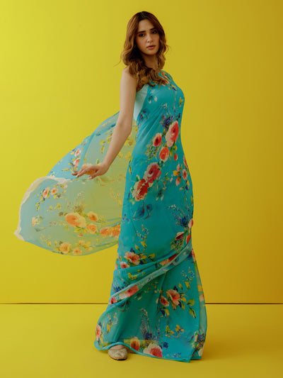 Torquish blue water colour floral saree set
