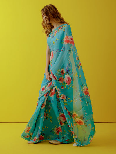 Torquish blue water colour floral saree set
