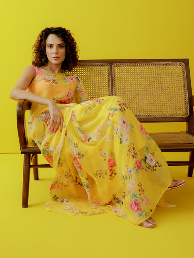 Mustard floral jaal saree set