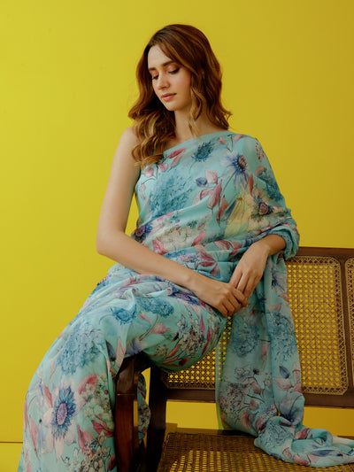 Sky blue floral saree set