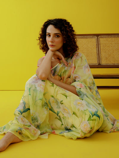 Lemon yellow floral saree set
