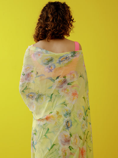 Lemon yellow floral saree set