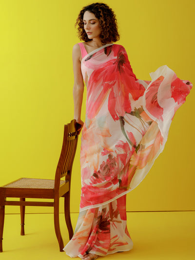 Large water color abstract floral saree set