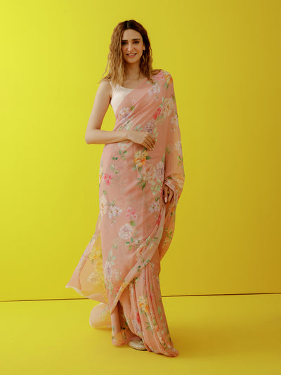 Nude pink floral saree set