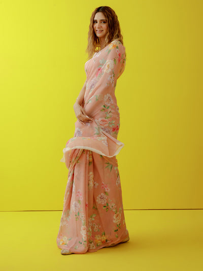 Nude pink floral saree set