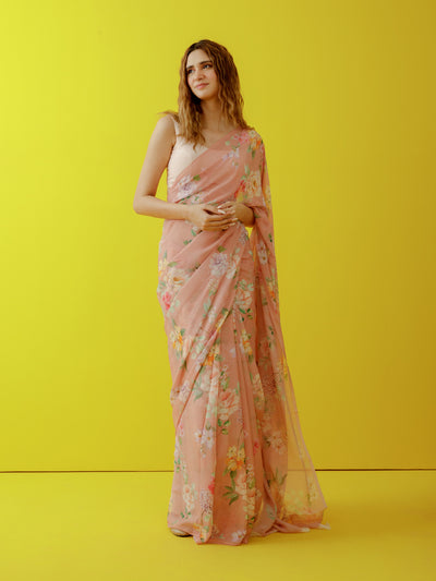 Nude pink floral saree set