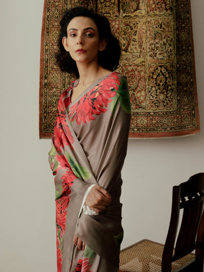 Grey floral bunch saree set