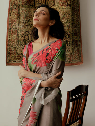 Grey floral bunch saree set