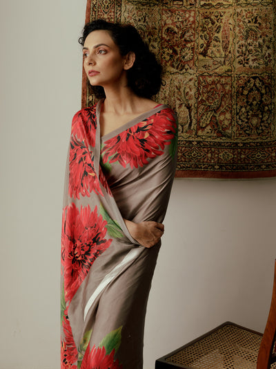 Grey floral bunch saree set