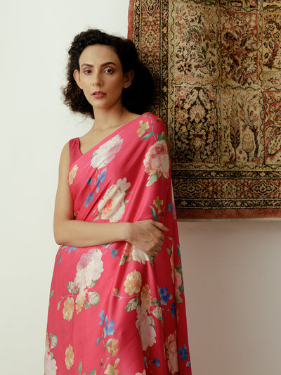 Bright pink floral bunch saree set