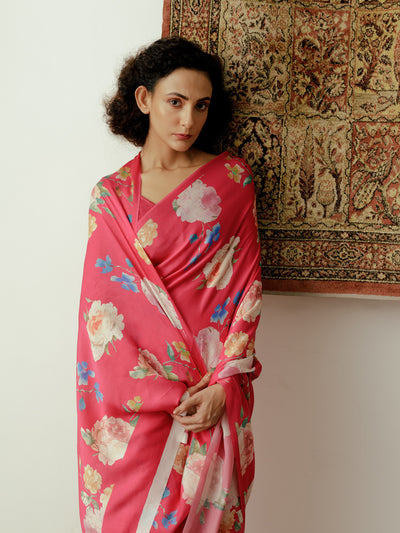 Bright pink floral bunch saree set